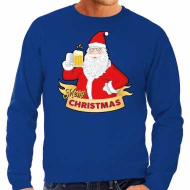Blauwe foute kersttrui / sweater kerstman met een biertje voor heren