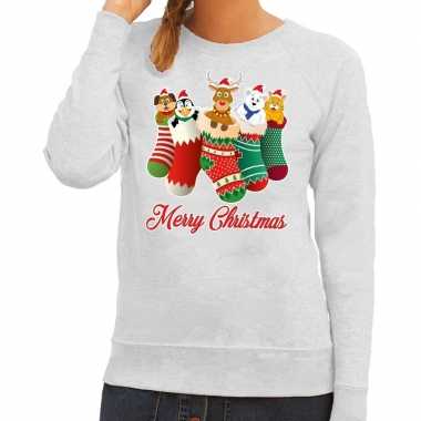 Foute kersttrui kerstsokken merry christmas grijs voor dames