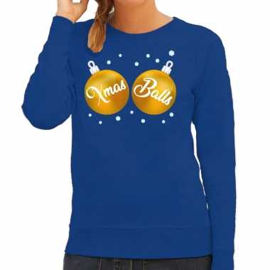 Foute kersttrui / sweater blauw met xmas balls voor dames