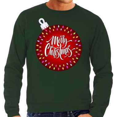 Groene foute kersttrui / sweater merry christmas en grote kerstbal voor heren