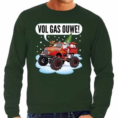 Groene foute kersttrui / sweater racende santa op monstertruck voor heren