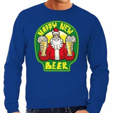 Grote maten blauwe foute kersttrui / sweater proostende santa happy new beer voor heren