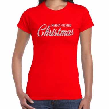 Rode foute kerst t-shirt merry fucking christmas zilveren letters voo