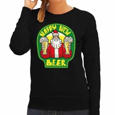 Zwarte foute kersttrui / sweater proostende santa happy new beer voor dames