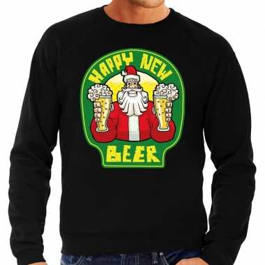 Zwarte foute kersttrui / sweater proostende santa happy new beer voor heren