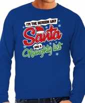 Blauwe foute kersttrui sweater santas naughty list voor heren