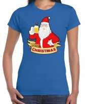 Fout kerstshirt blauw santa met pul bier voor dames