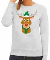 Foute kersttrui rendier rudolf met groene kerstmuts grijs dames