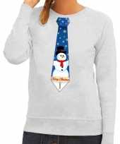 Foute kersttrui stropdas met sneeuwpop print grijs voor dames