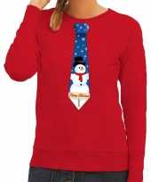 Foute kersttrui stropdas met sneeuwpop print rood voor dames