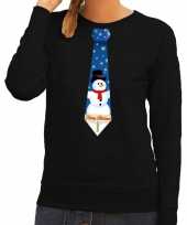 Foute kersttrui stropdas met sneeuwpop print zwart voor dames