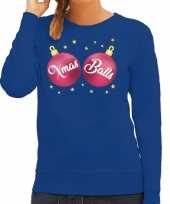 Foute kersttrui sweater blauw met roze xmas balls voor dames