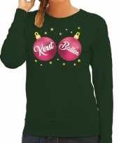 Foute kersttrui sweater groen met roze kerst ballen voor dames