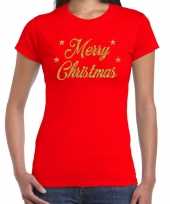Rode foute kerst t shirt merry christmas gouden letters voor dames