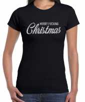 Zwarte foute kerst t shirt merry fucking christmas zilveren letters voor dames