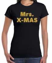Zwarte foute kerst t shirt mrs x mas gouden letters voor dames