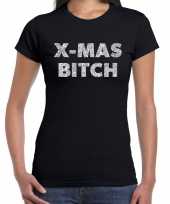Zwarte foute kerst t shirt x mas bitch zilveren letters voor dames